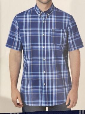 NWT, Men's Chaps Short Sleeve Button Down Easy Care Shirt Blue, Plaid,